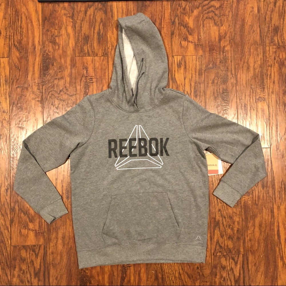 Gray Reebok hoodie with white and black logo